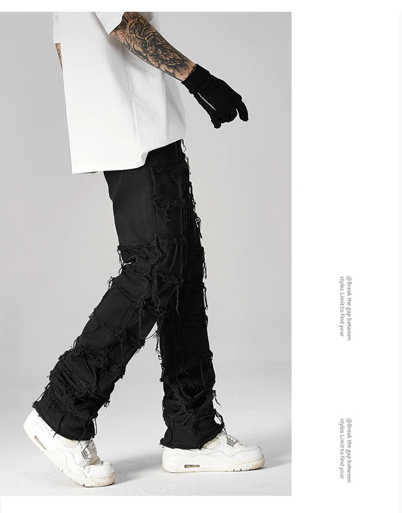 destroyed ripped pieced patchwork denim jean pants casual straight biker trousers mens fashion y2k hip hop streetwear joggers unique joggers style 536