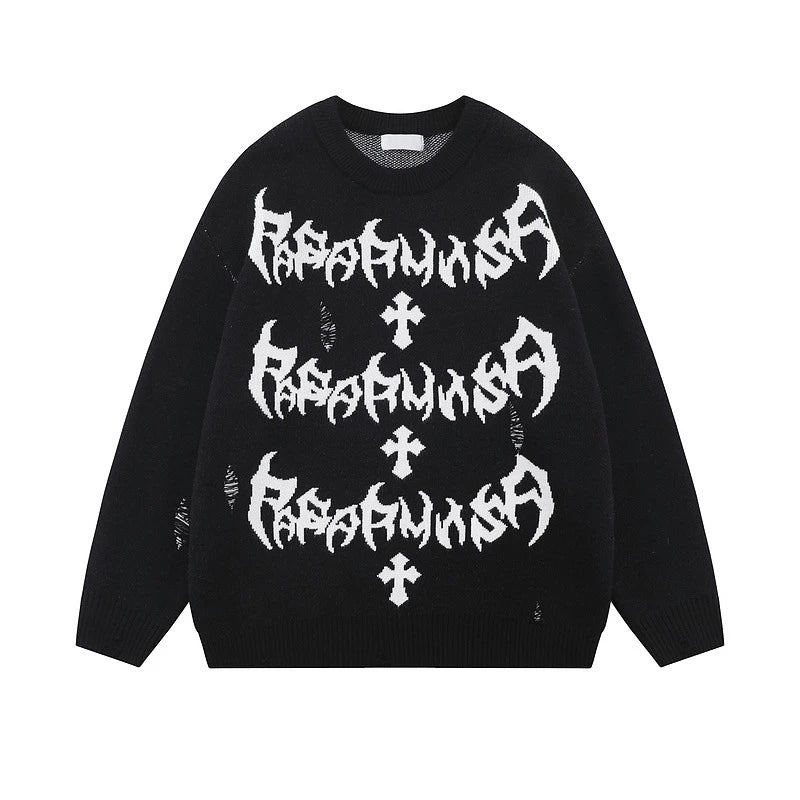 rainbowtouches men sweaters high street letter graffiti holes trendy pullover vintage loose knitted sweater spring and autumn - gothic aesthetic hoodie for winter, trendy hip hop fashion hoodie, bold artwork streetwear hoodie