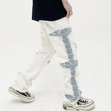 mens high street denim jean pants casual loose destroyed ripped holes straight jeans side patchwork hip hop streetwear joggers casual joggers