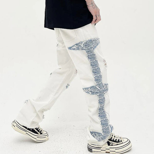 mens high street denim jean pants casual loose destroyed ripped holes straight jeans side patchwork hip hop streetwear joggers casual joggers