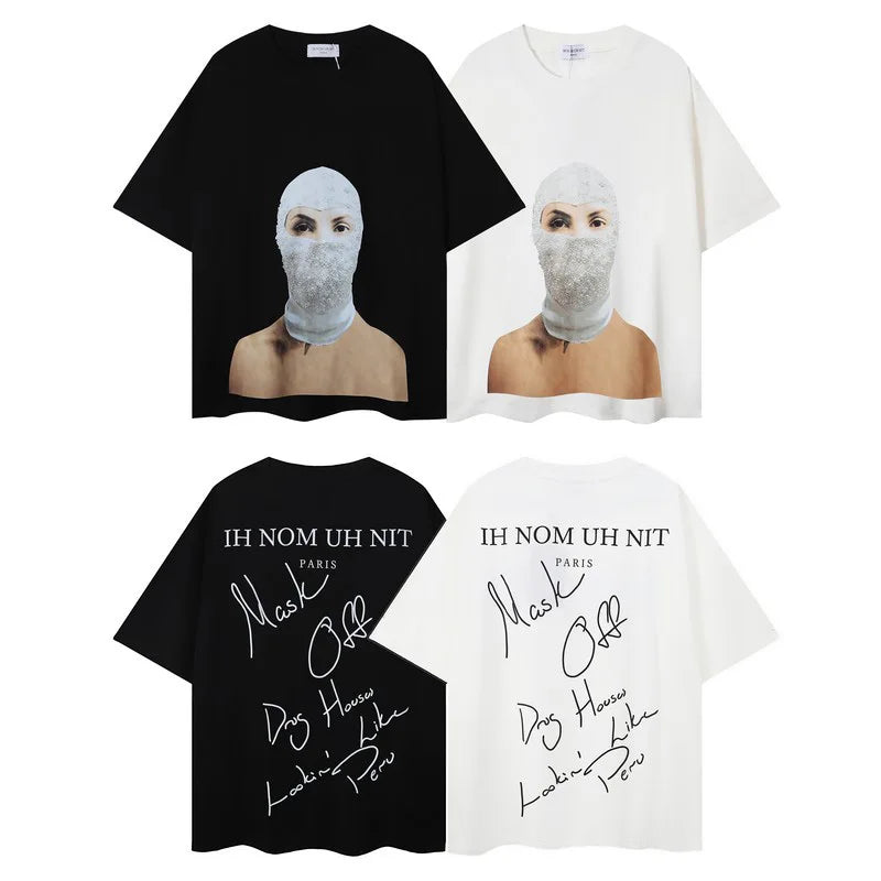 Glitchcore Fashion – High Quality Ih Nom Uh Nit T Shirt Masked Men Letter Printin – Urban Streetwear for Men & Women
