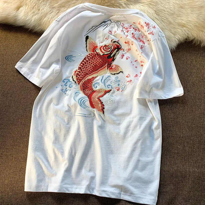 Cyberpunk Graphic Tee – New Summer Aesthetic Vintage Carp Fish Embroidery T Shirts W – Modern Streetwear for Everyone