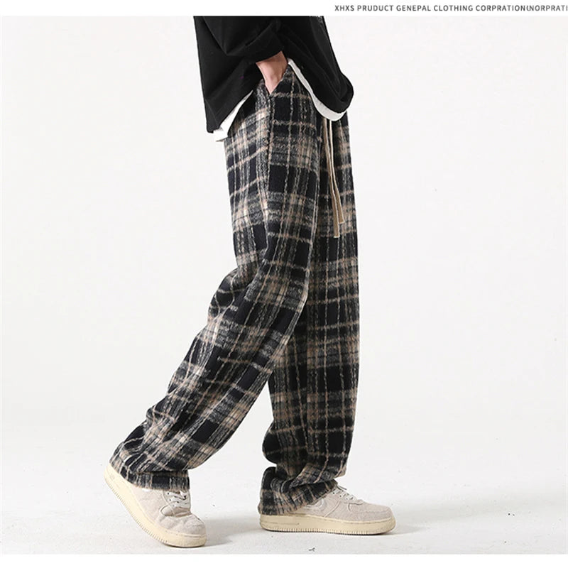 new mens y2k plaid casual baggy trousers autumn korean fashion straight woolen pants y2k vintage streetwear pantalones hombre unique default style 411