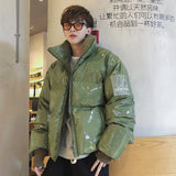 Winter Jacket Men Parkas Thicken Warm Coat Stand Collar Oversize Parkas Bright Leather Fabric Jacket Korean Style Padded Coat
