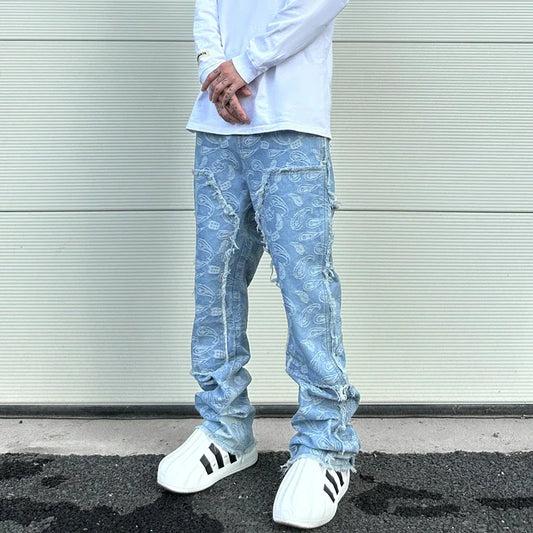 men distressed ripped patchwork paisley denim jean trouser fashion zipper biker jeans streetwear flare pants loose joggers jeans casual joggers