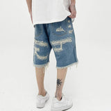 Mens Fashion Denim Jean Shorts Summer Casual Destroyed Ripped Destressed Holes Loose Shorts Hip Hop Streetwear Shorts Joggers