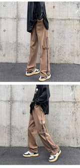 2023 cool design side zipper baggy men cargo jeans pants vintage brown straight cotton hip hop long trousers pantalones hombre unique cargo style 5833