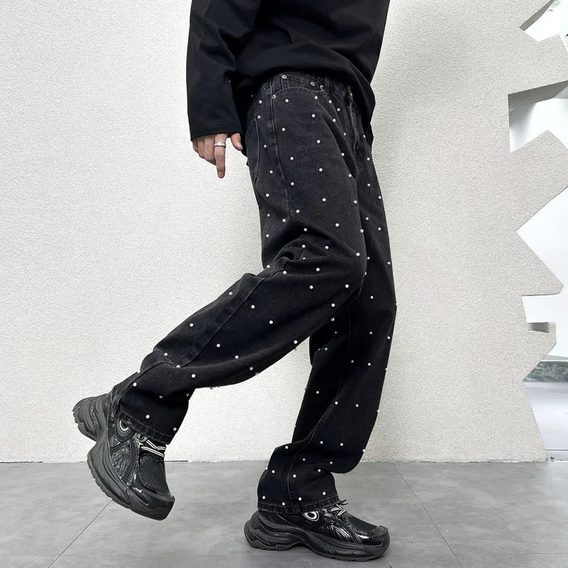 men bead streetwear fashion hip hop vibe loose casual wide leg straight denim jeans baggy pant man boyfriend jeans trousers unique jeans style 2997