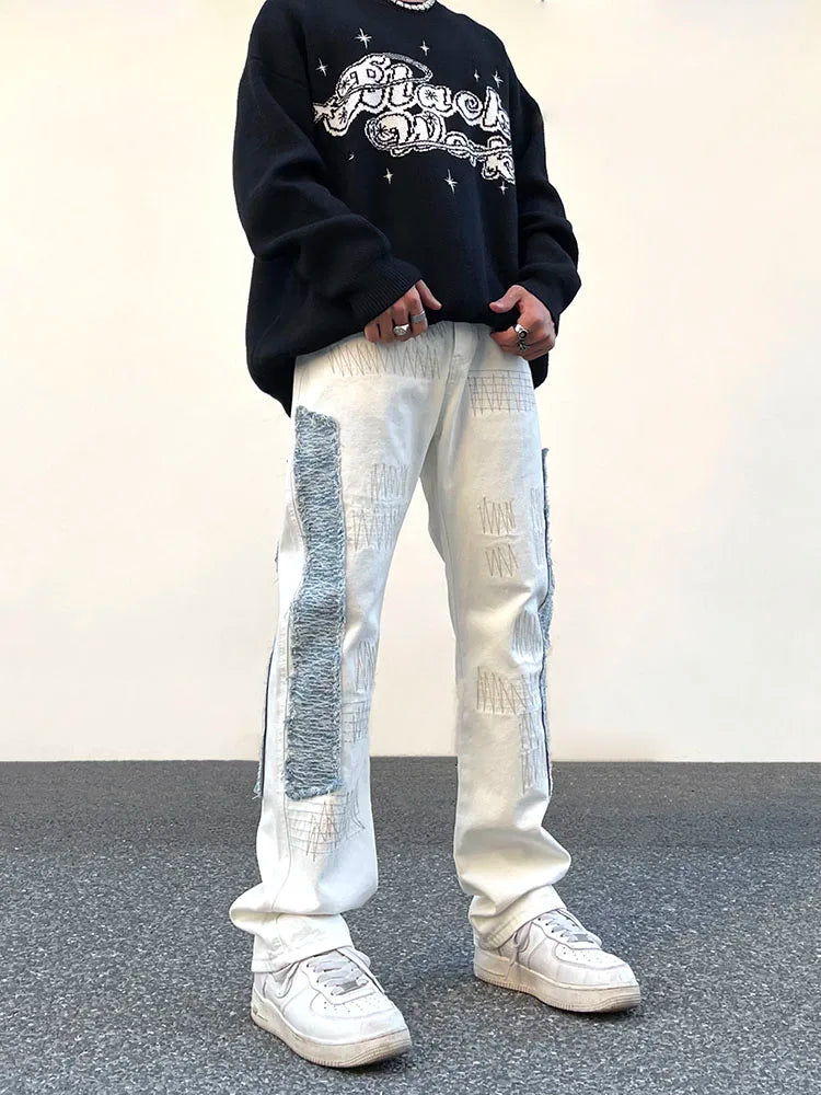 irregular sewing scratched patchwork denim jeans men casual straight biker zipper trousers streetwear hip hop jean pants joggers unique joggers style 3574