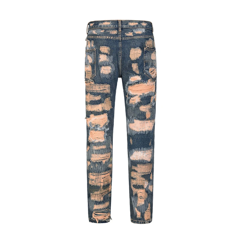 high street hole distressed ripped straight baggy jeans for men washed patchwork casual cargo pants oversized denim trousers unique cargo style 2872