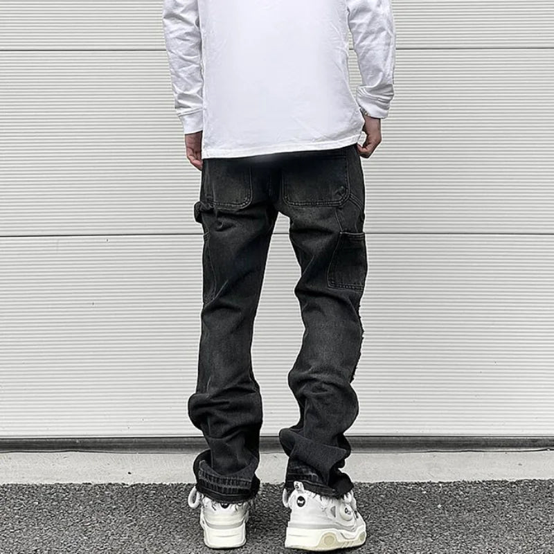 patchwork design denim flare jeans pants men casual zipper straight biker trousers jeans fashion streetwear hip hop jean joggers streetwear sweatpants