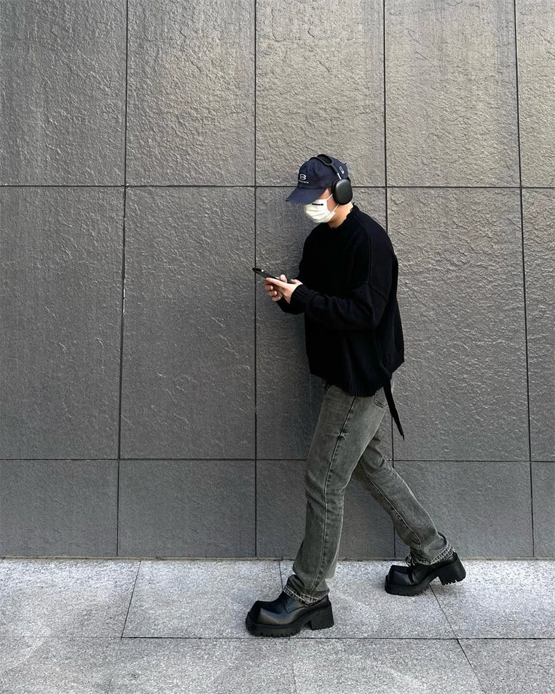 techwear flame knit sweater with structured oversized fit, ideal for cold streetwear layers, men’s streetwear clothing piece 
