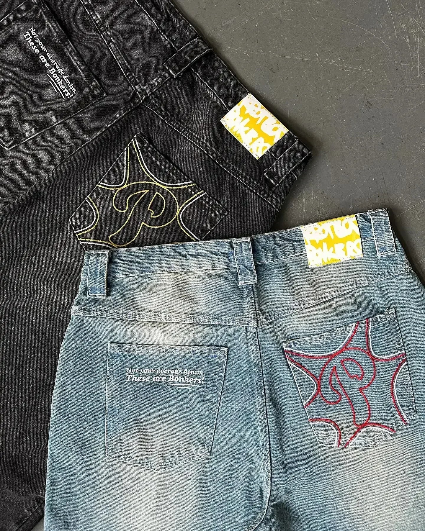 baggy jeans men and women retro harajuku hip hop high waist wide leg trouser y2k new protect jeans letter embroidery washed blue unique jeans style 2530