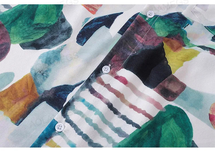 High Street Abstract Colorblock Painting Hawaiian Shirts for Men Autumn Trendy Shirt Oversized