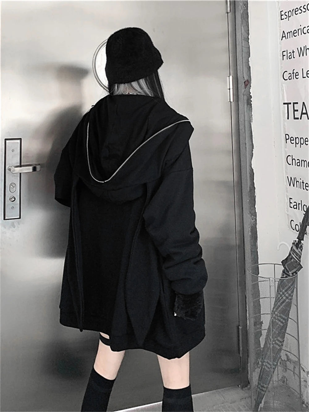 Autumn Winter Emo Bunny Hoodie Women Zip Up Kawaii Sweatshirt Rabbit E