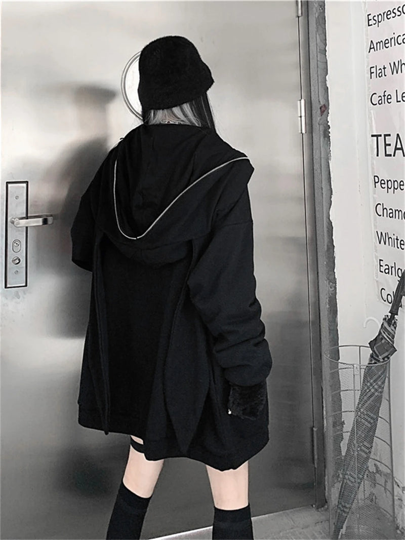 Autumn Winter Emo Bunny Hoodie Women Zip Up Kawaii Sweatshirt Rabbit E