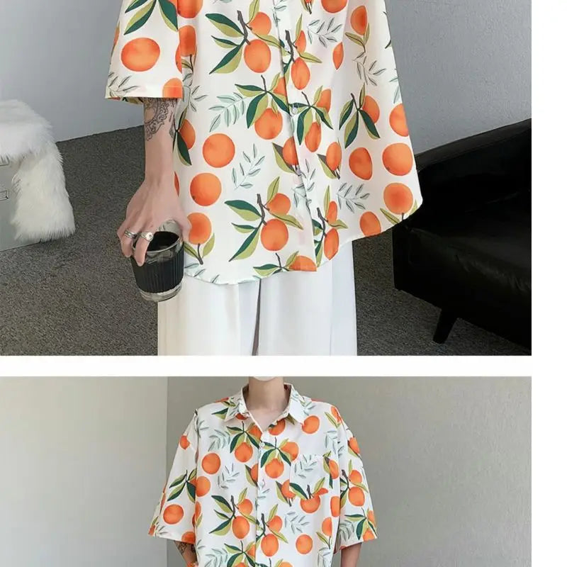 Gothic Streetwear – Orange Cute Fruit Peaches Full Print Shirts Loose Half Sleev – Modern Streetwear for Everyone