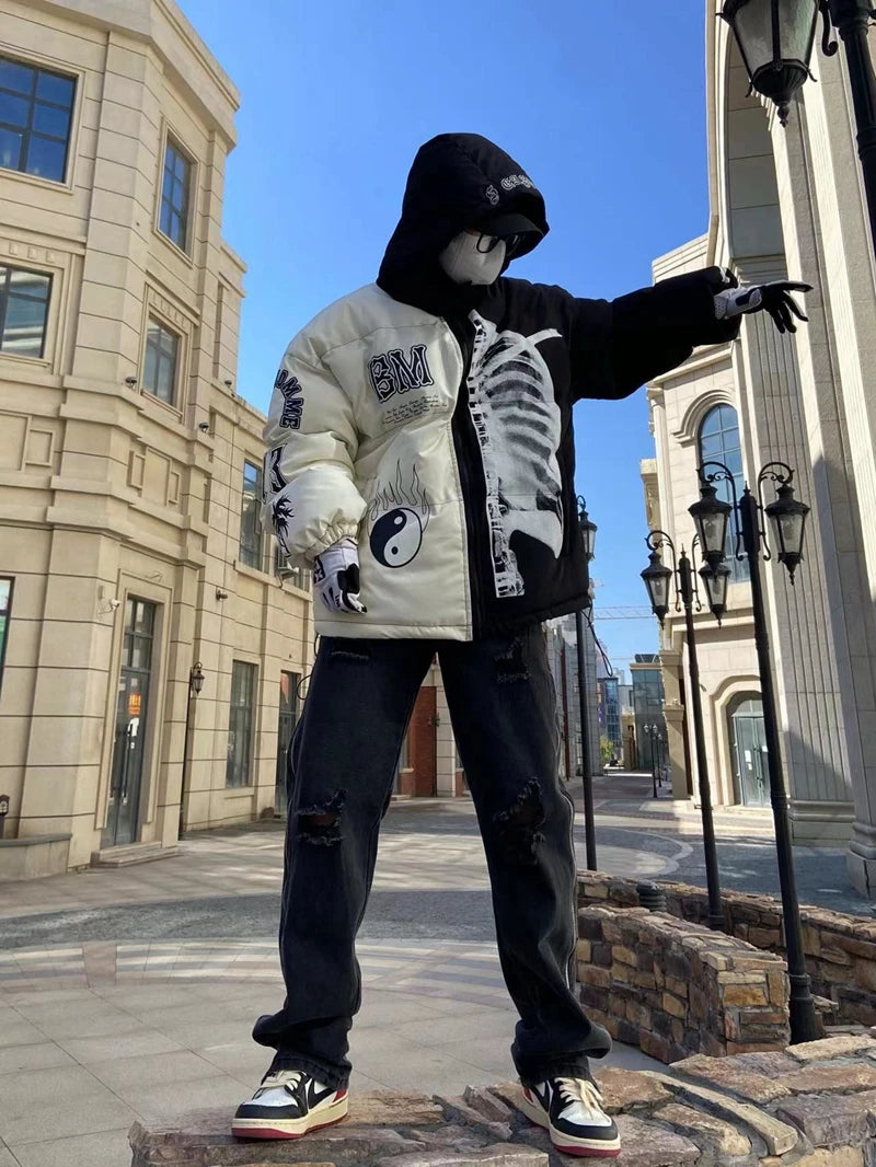 rainbowtouches mens winter parka jacket skeleton print streetwear outwear harajuku padded hooded loose warm coat unisex nan f - variant style c05f8a for streetwear fashion