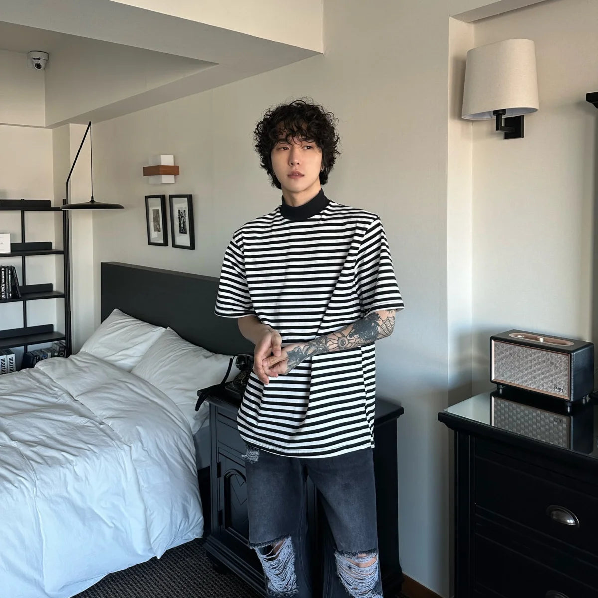 Cyberpunk Oversized shirt – Summer New Men Korean Style Loose Bottoming Shirt Black And