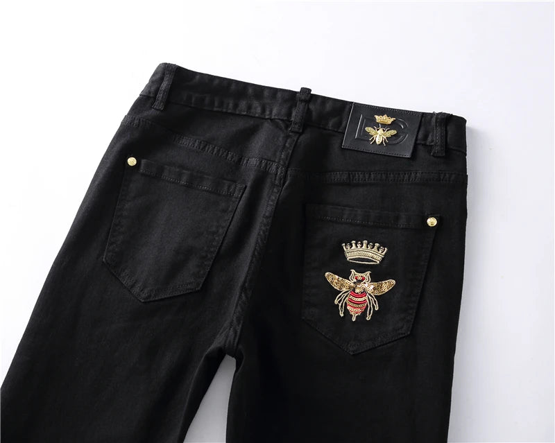 high new 2022 classical vintage morden luxurious embroidered bee crown jeans cotton denim pants comfort casual 28 38 n404 unique jeans style 1246