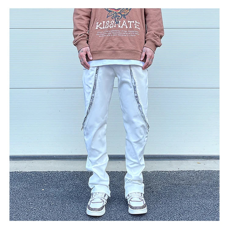 high street black white straight zipper becomes slightly flared denim jeans harajuku casual hip hop cashew flower jeans for men unique jeans style 4412