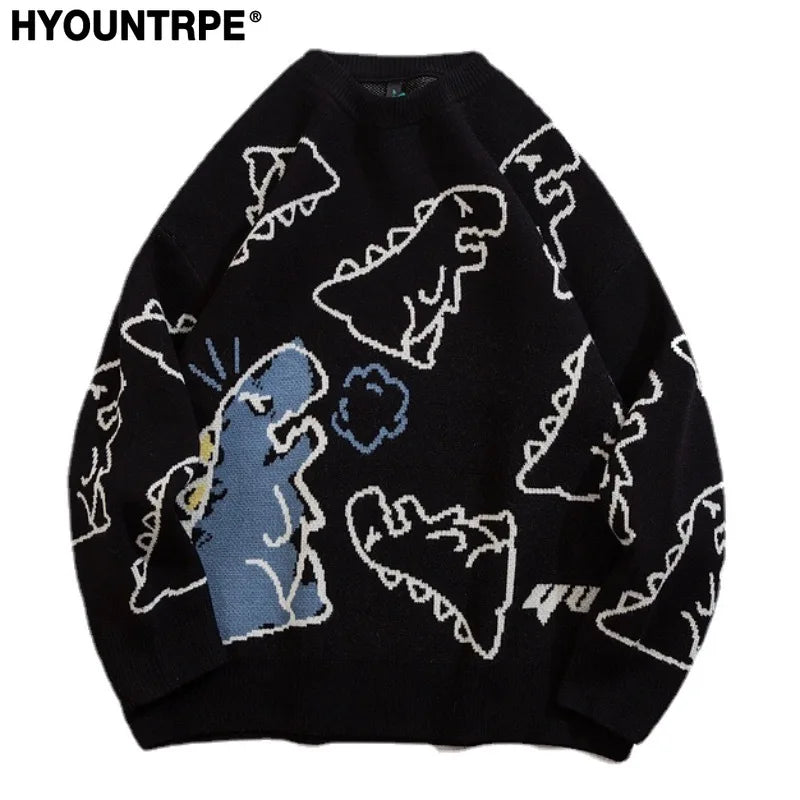 fashion knitted sweater autumn winter o neck dinosaur pattern pullover streetwear unisex casual loose sweaters jumper knitwears Y2K vintage urban hoodie, urban wear with bold artwork, aesthetic street look hoodie