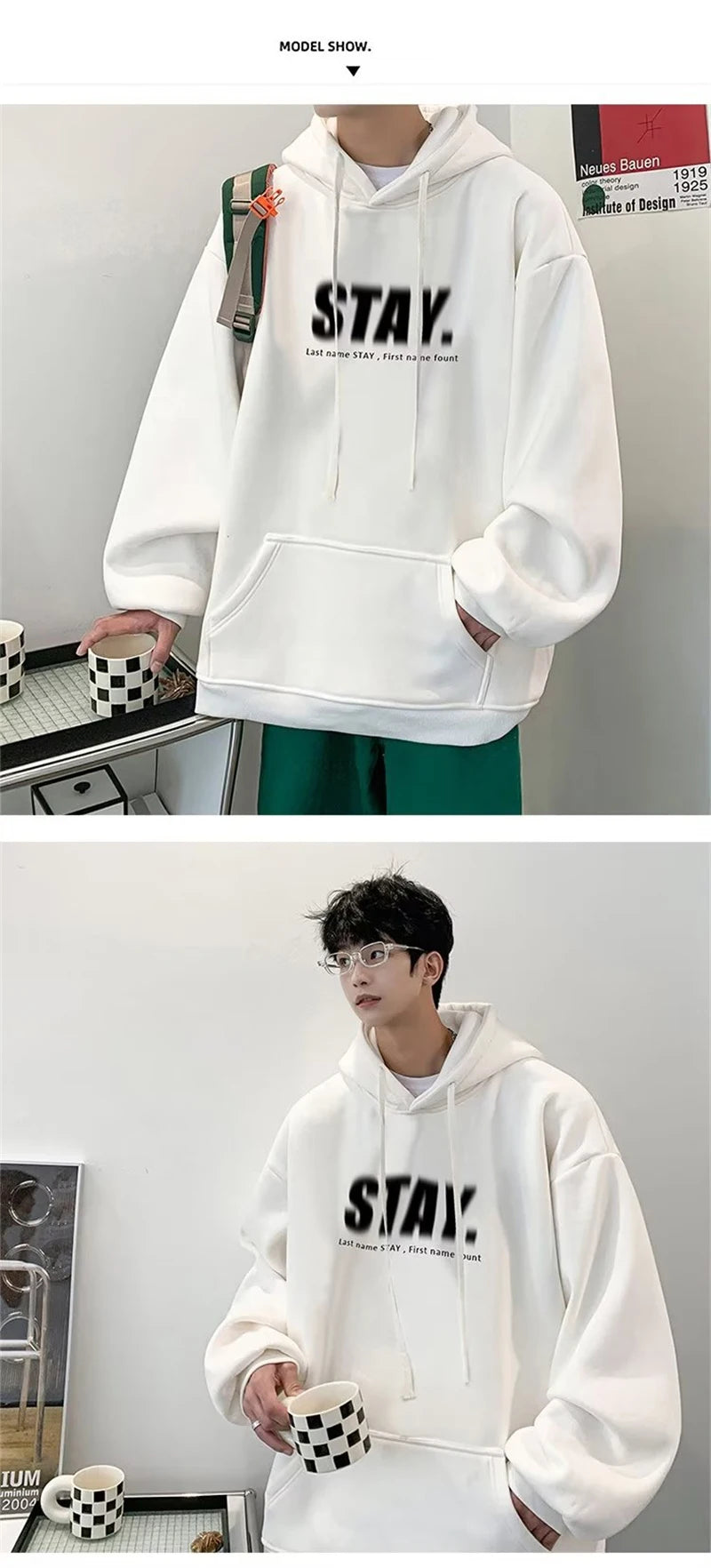 New In Letter Stay Print Sweatshirts Men Casual Vintage Fleece Pullover