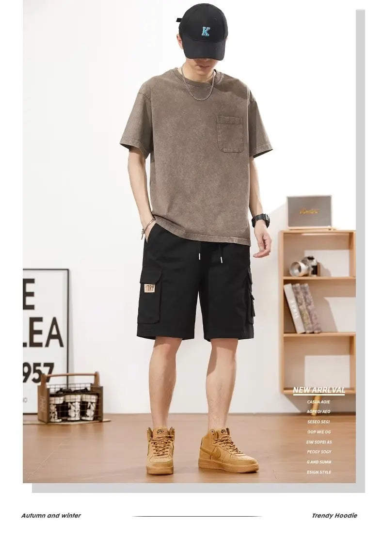Men's Straight Tooling Shorts for Men Korean Fashion Belt Decoration Khaki Casual