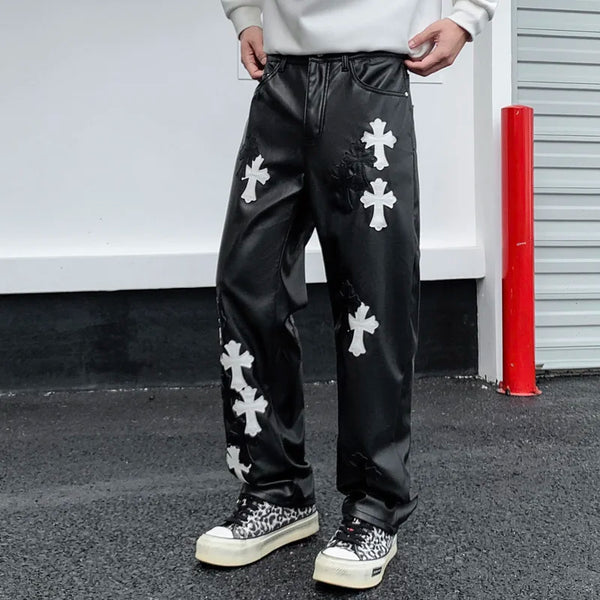 leather pant men streetwear brand hip hop loose casual straight leather motorcycle pant man y2k trousers stage clothing relaxed fit trousers