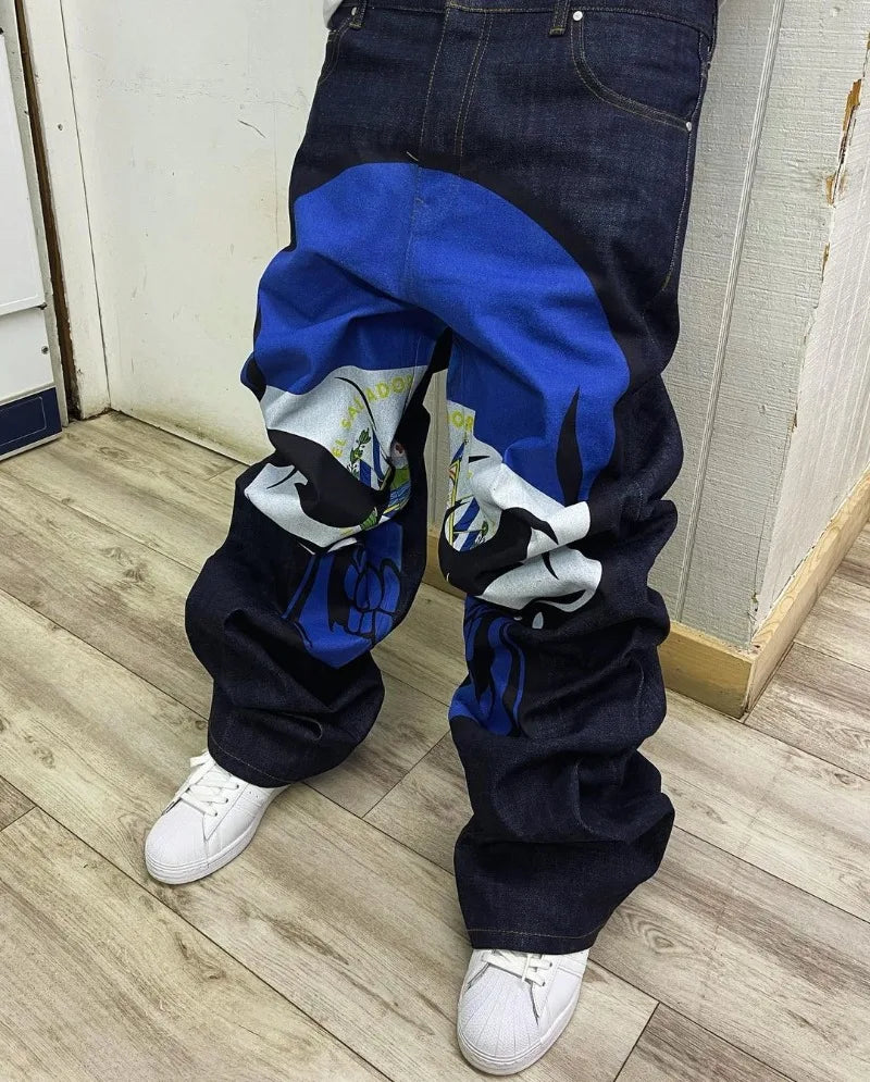 european and american high street high waist washed jeans men y2k cartoon print hip hop rock oversized wide leg pants women unique jeans style 3764