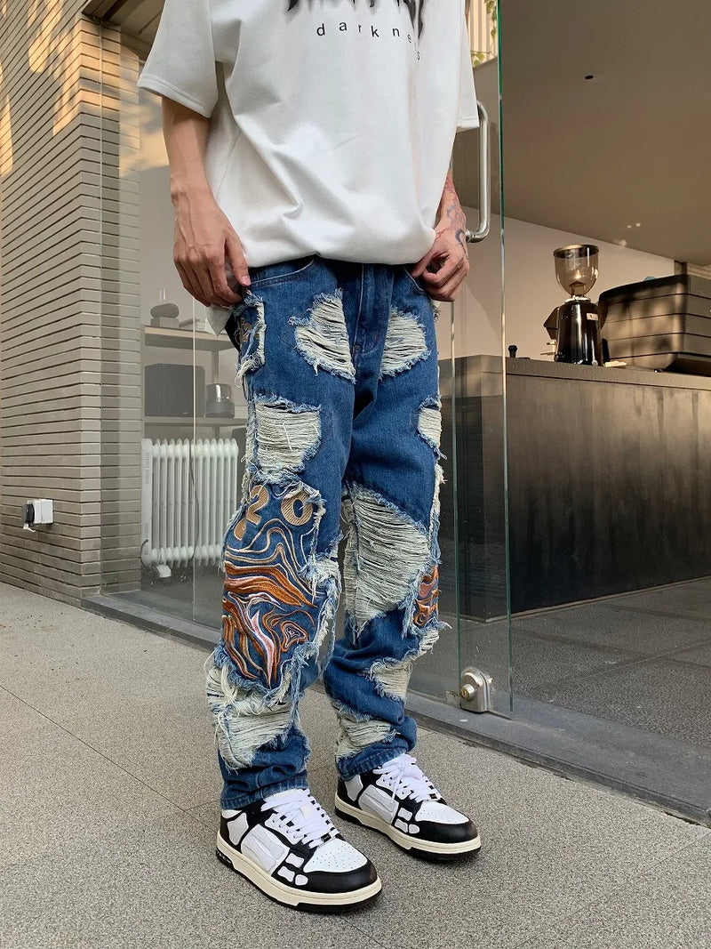 fashion embroidery destroyed ripped tassel holes denim jean pants mens casual loose straight jeans hip hop streetwear joggers unique joggers style 4349