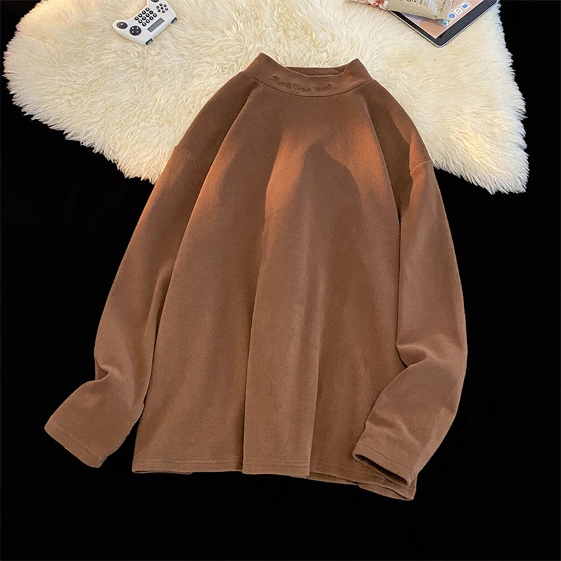 Autumn Winter Warm Classic Long Sleeve Bottoming Shirt Gothic Style Embroidery Half-high Neck Tops Loose T-shirt
