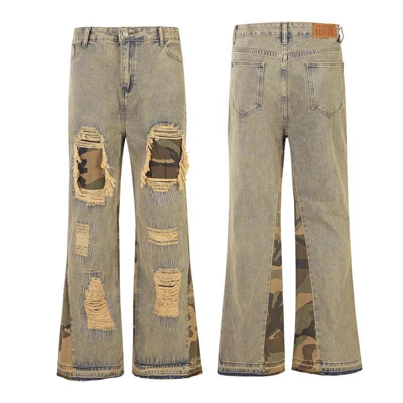 hip hop camouflage ripped patchwork denim pants for men y2k vintage streetwear wide leg jean 2025 new distressed baggy jeans stacked flare jeans
