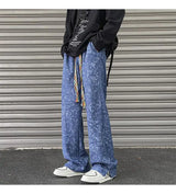 korean style waffle tie dye casual pants high street vibe pants men trendy brand colorful drawstring side slit straight trousers unique default style 2100