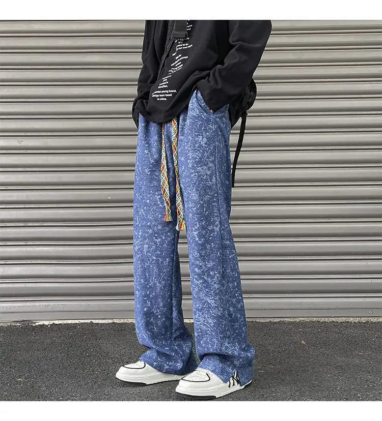 korean style waffle tie dye casual pants high street vibe pants men trendy brand colorful drawstring side slit straight trousers unique default style 2100