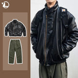japanese street motorcycle set men thickened stand collar hip hop leather jacket harajuku casual pants 2 pcs bomber suit 2023 relaxed fit trousers