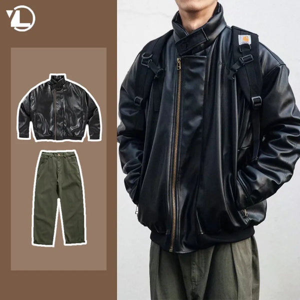 japanese street motorcycle set men thickened stand collar hip hop leather jacket harajuku casual pants 2 pcs bomber suit 2023 relaxed fit trousers