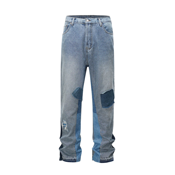 2024 european and american patchwork washed wide denim jeans y2k street wear splicing patches damaged flare pants jeans for men urban skinny jeans