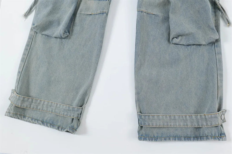 vintage multi pocket baggy jeans mens harajuku cargo denim pants retro hip hop straight loose jean pants men clothing unique cargo style 1085