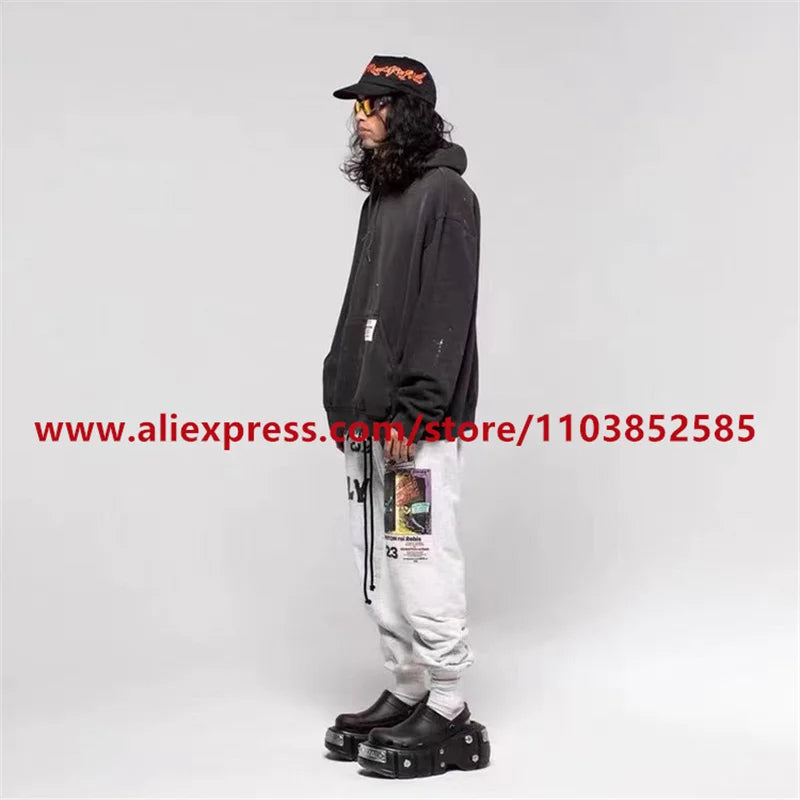 2024 autumn winter vintage casual sports pants mens letter illustration printed loose drawstring leg strap high street hip hop unique default style 1869