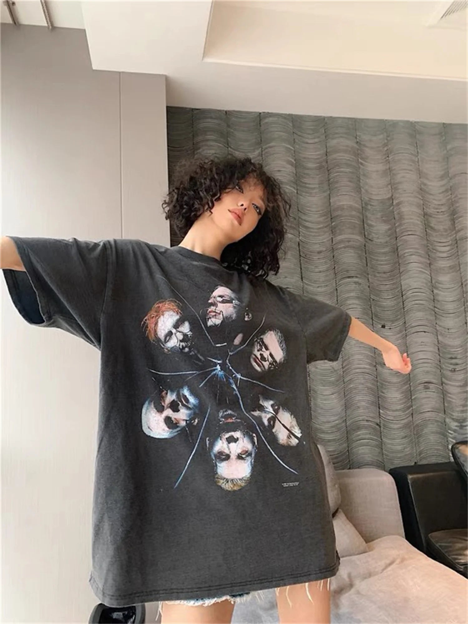 vaporwave streetwear top featuring vtg germany rock band retro portrait print washed old casual oversize cotton high street tops t shirts