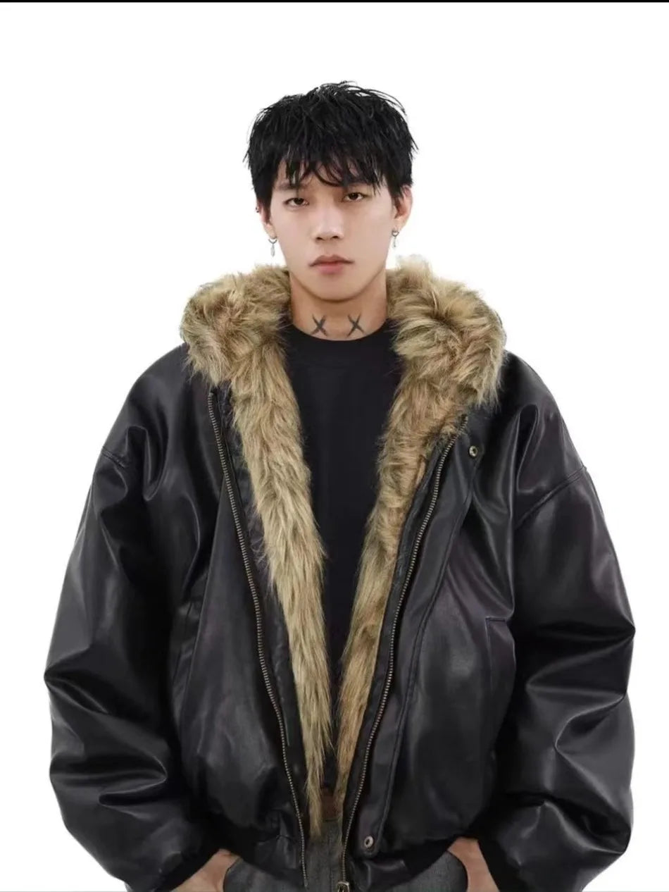 Integrated Fur Leather Men Cotton Jackets Thickened American High Street Motorcycle PU Leather Parkas Winter Couple Punk Outwear