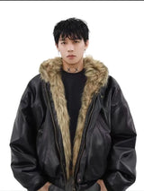 Integrated Fur Leather Men Cotton Jackets Thickened American High Street Motorcycle PU Leather Parkas Winter Couple Punk Outwear
