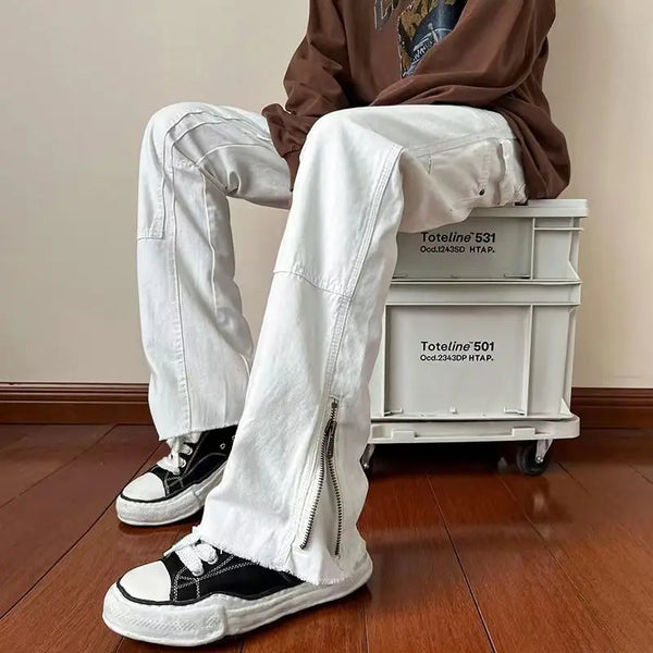 2023 autumn new light luxury fashion retro jeans men zipper straight loose jeans all match boutique clothing simple style stacked flare jeans