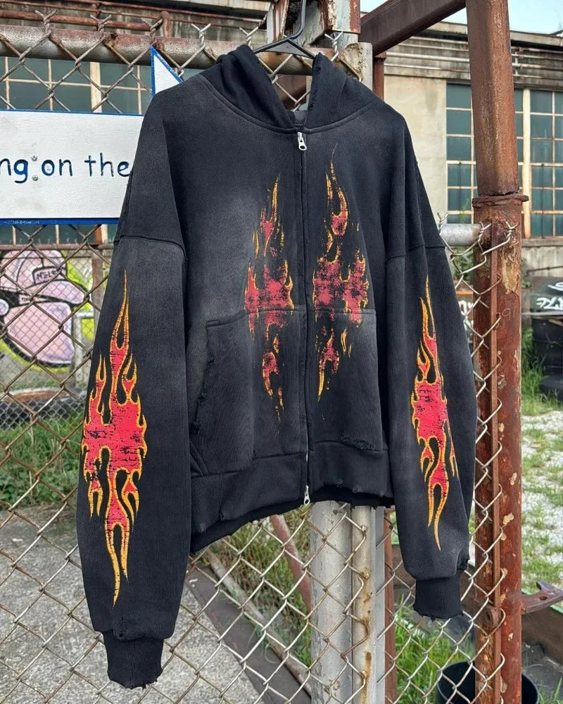American Street Trend Fashion Flame Print Fashion Zipper Hoodie Women
