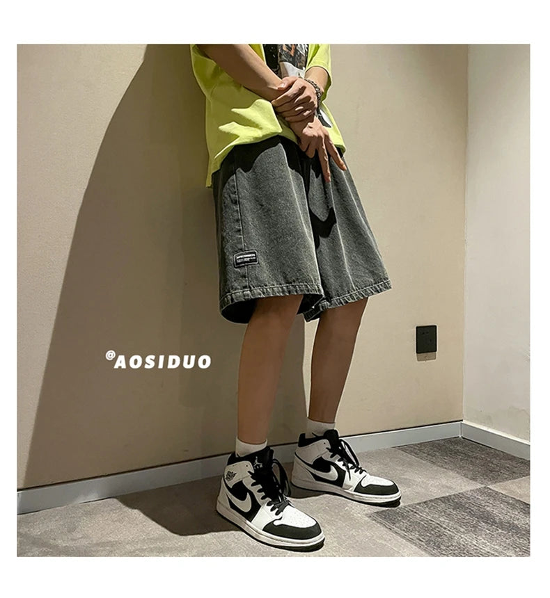 Korean Style Summer Men's Black Wide Leg Denim Shorts 2023 New Fashion Casual Baggy Short Jeans Male Brand Clothes