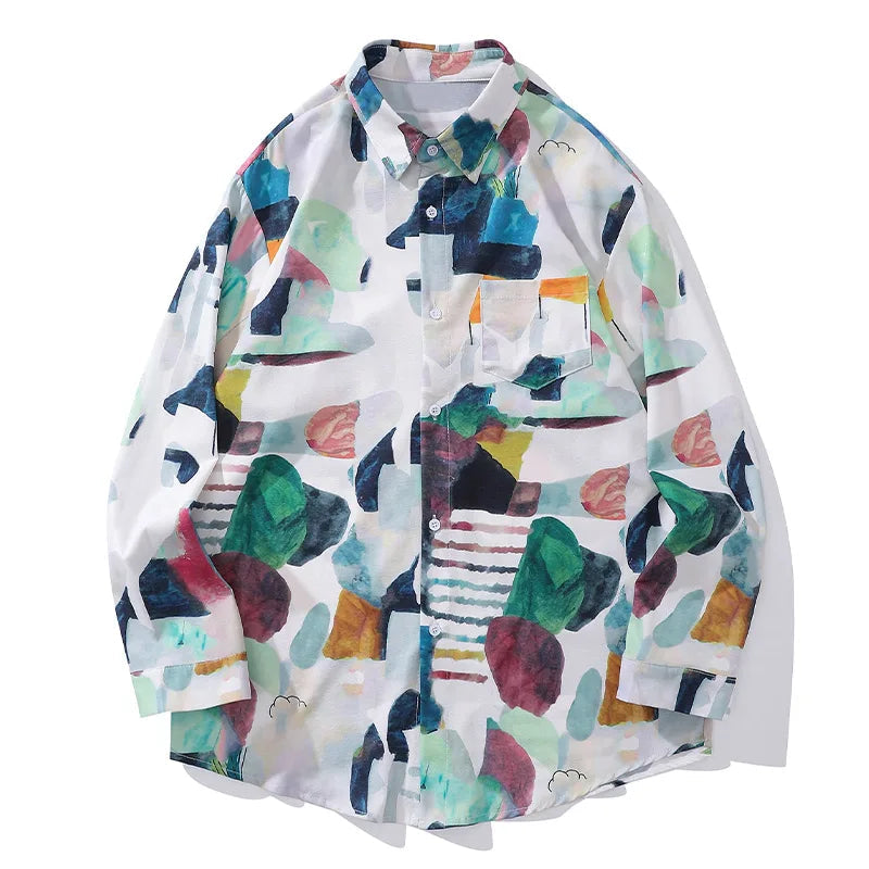 High Street Abstract Colorblock Painting Hawaiian Shirts for Men Autumn Trendy Shirt Oversized
