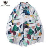 High Street Abstract Colorblock Painting Hawaiian Shirts for Men Autumn Trendy Lapel Single Breasted Long Sleeve Shirt Oversized