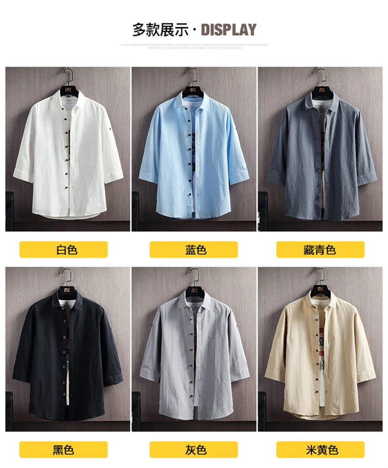 Wetailor New Summer Hot Sale Men's Short Sleeve Shirts Solid Color Easy Care Comfortable Stand-Up Collar Casual Beach Style