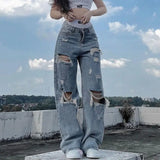 streetwear straight pants ladies ripped jeans mid waist loose wide leg pants ladies jeans y2k summer high street cargo pants unique cargo style 2736